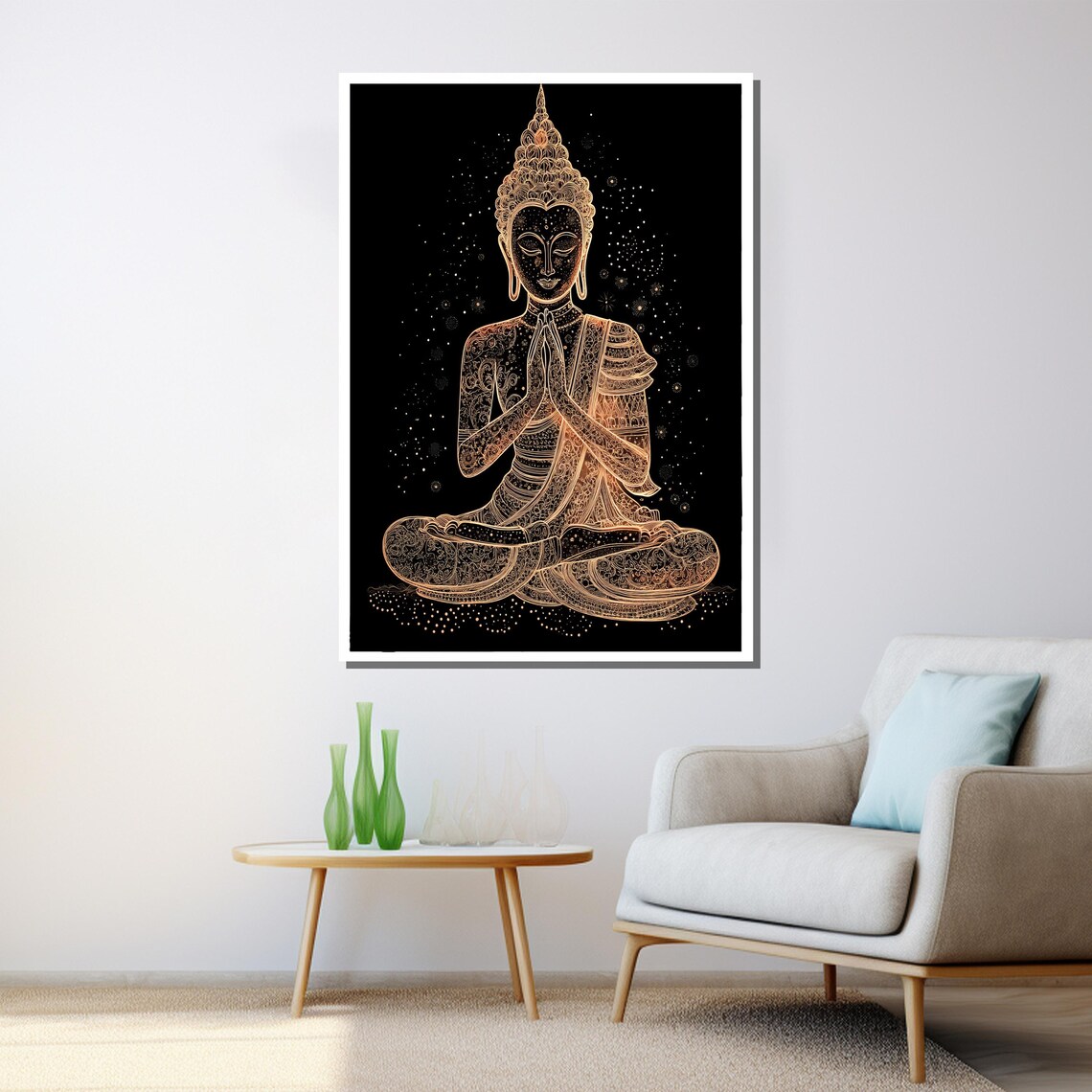 Golden Line Art Buddha Prayer Pose Sparkling Night Black Elegant Poster - Image 3