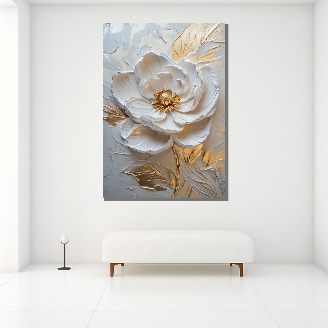 Elegant White 3D Textured Flower Gold Center Luxury Wall Art Poster - Image 2