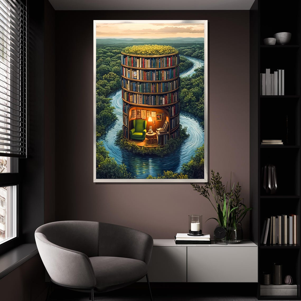 Round Library Tower On A River Island Cozy Reading Nook Poster - Image 4
