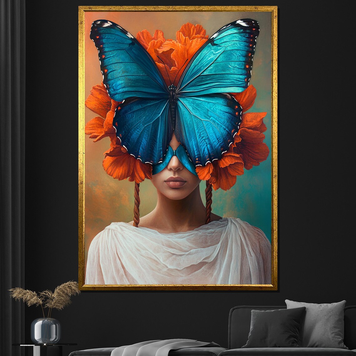 Blue Butterfly Mask Woman Surreal Portrait Orange Flowers Wall Poster