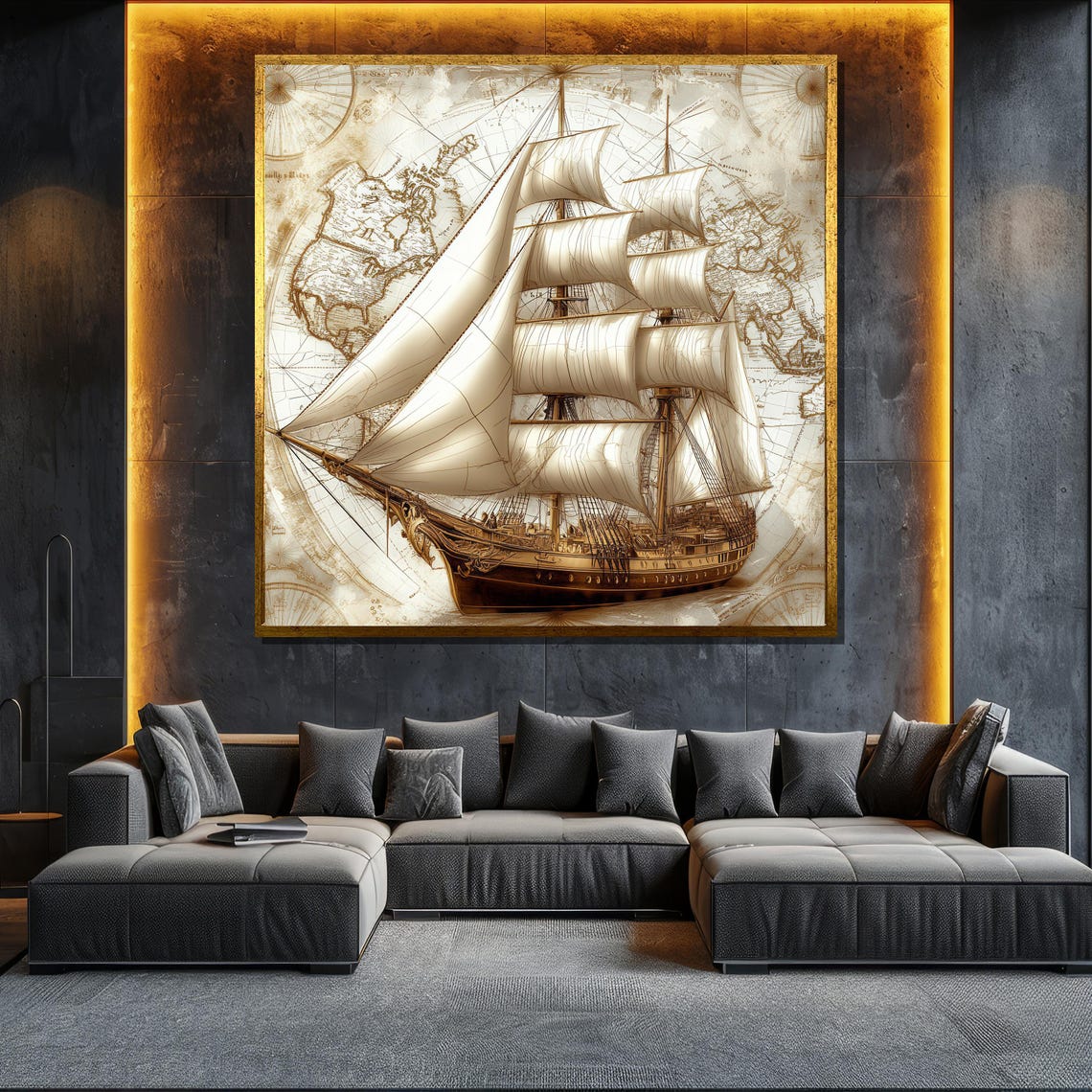 Vintage Sailing Ship On Antique World Map Nautical Wall Art Poster