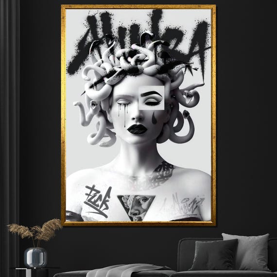 Modern Medusa Painting Graffiti Inspired Mythology Wall Art Bold Black And White Decor Unique Artwork Gift