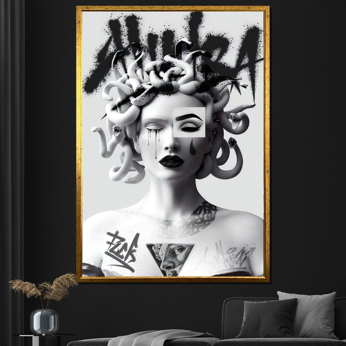 Black And White Medusa Graffiti Portrait Snake Hair Wall Art Poster