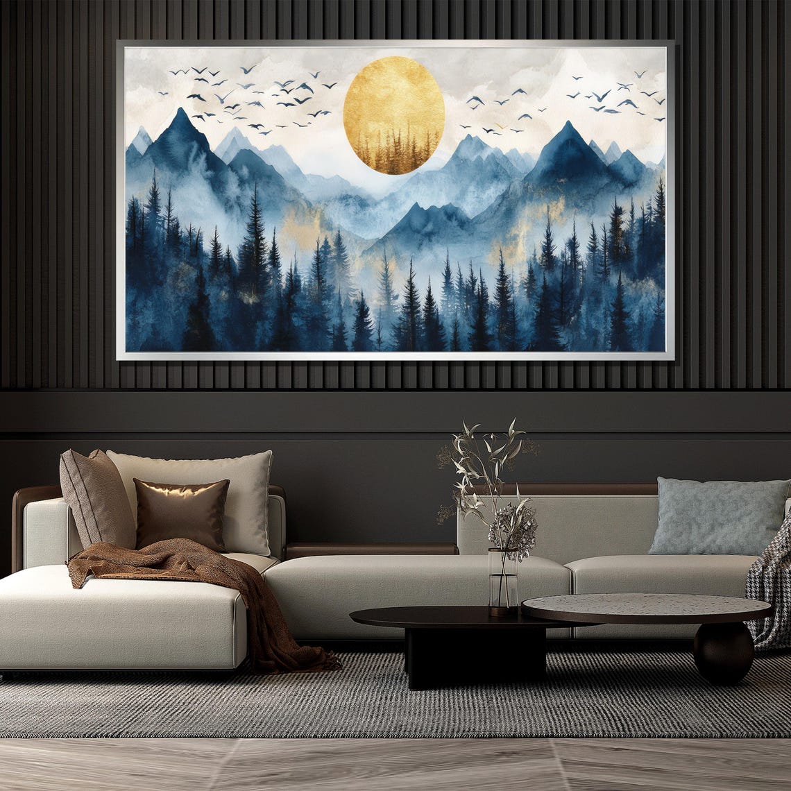 Golden Sun Blue Mountain Forest Watercolor Birds Landscape Poster - Image 4