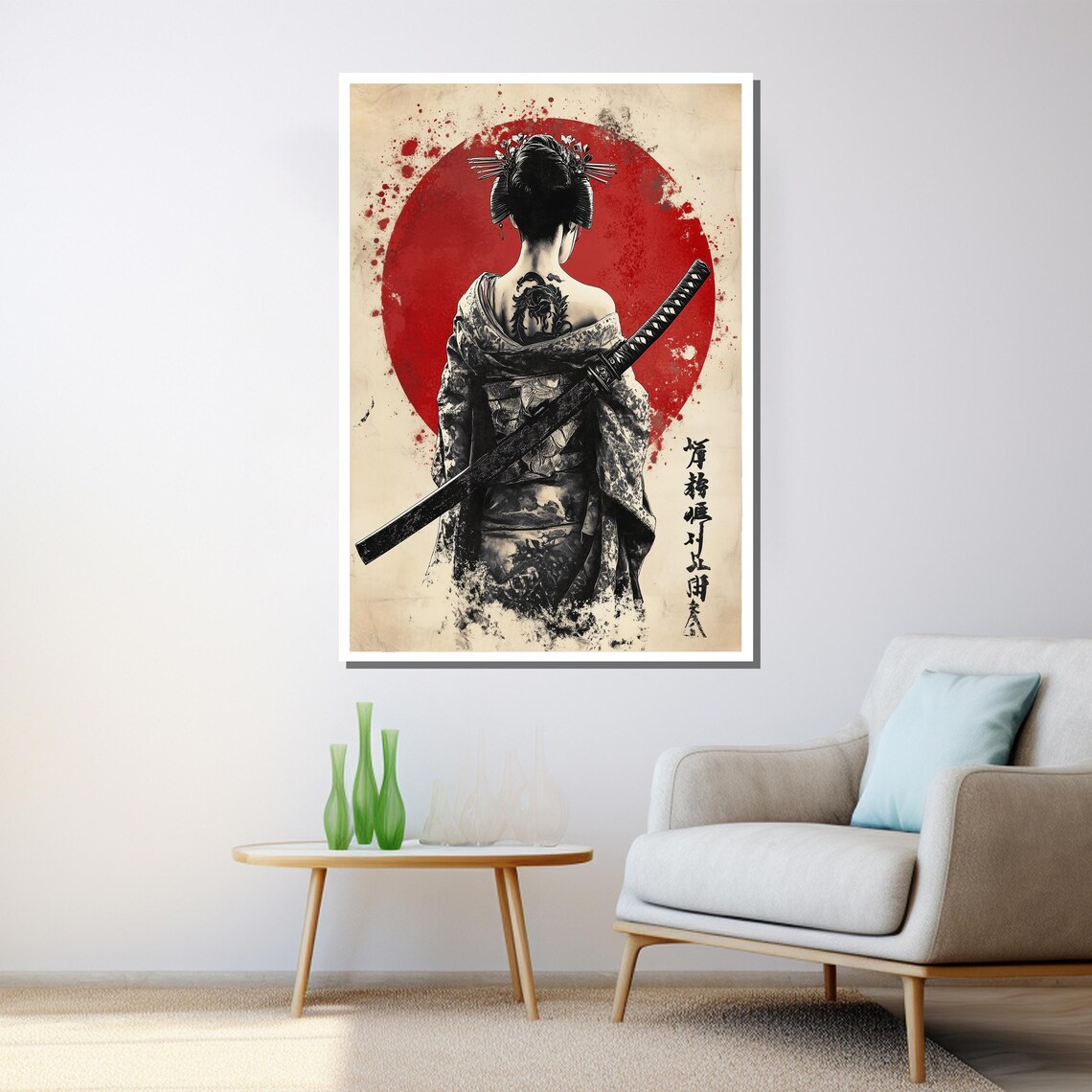 Samurai Woman Ink Painting Dragon Tattoo Red Sun Japanese Art Poster - Image 3