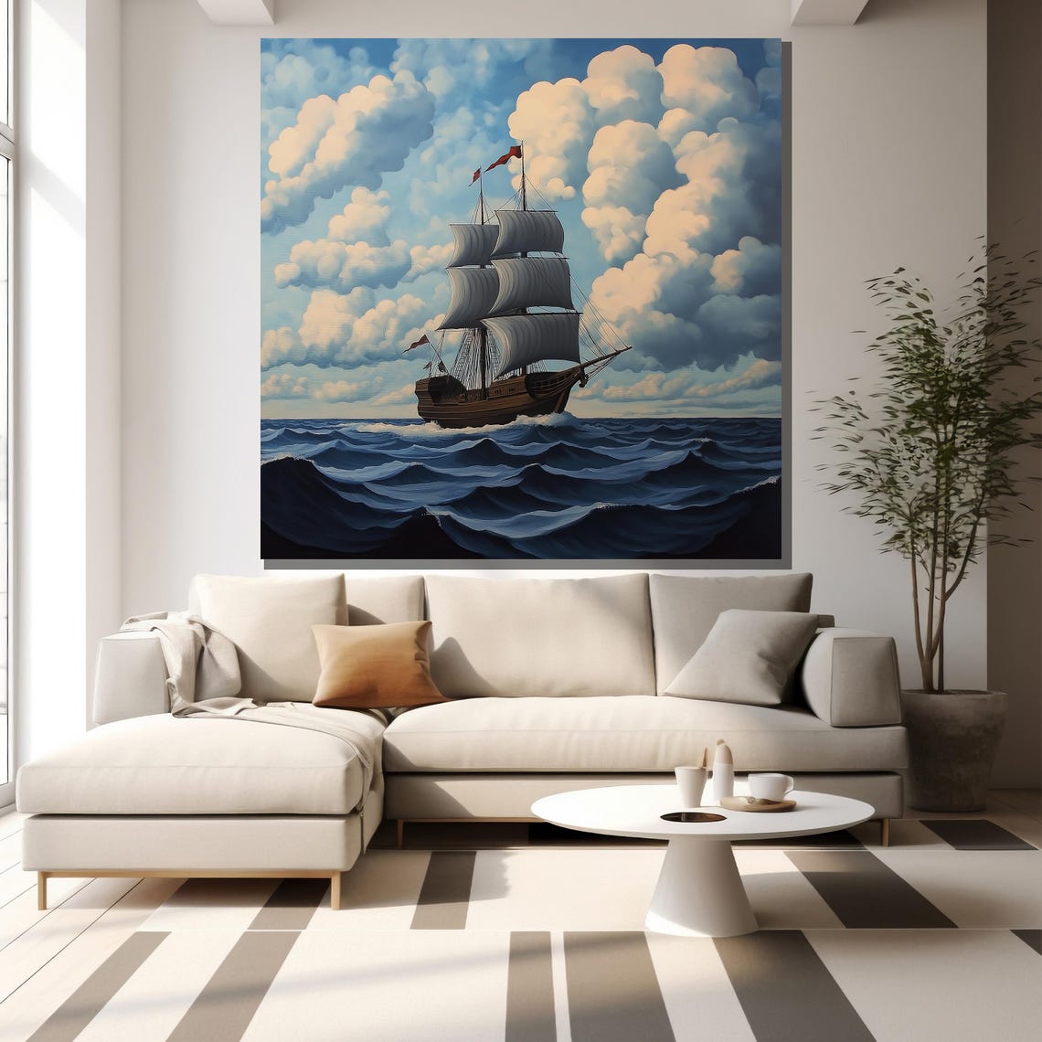 Tall Sailing Ship On Ocean Waves Under Cloudy Sky Nautical Art Poster - Image 2