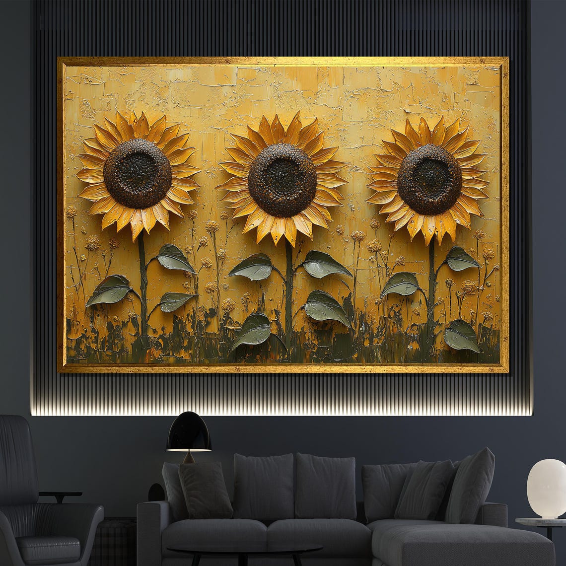 Golden Sunflowers Trio Textured Gold Impasto Painting Rustic Wall Art