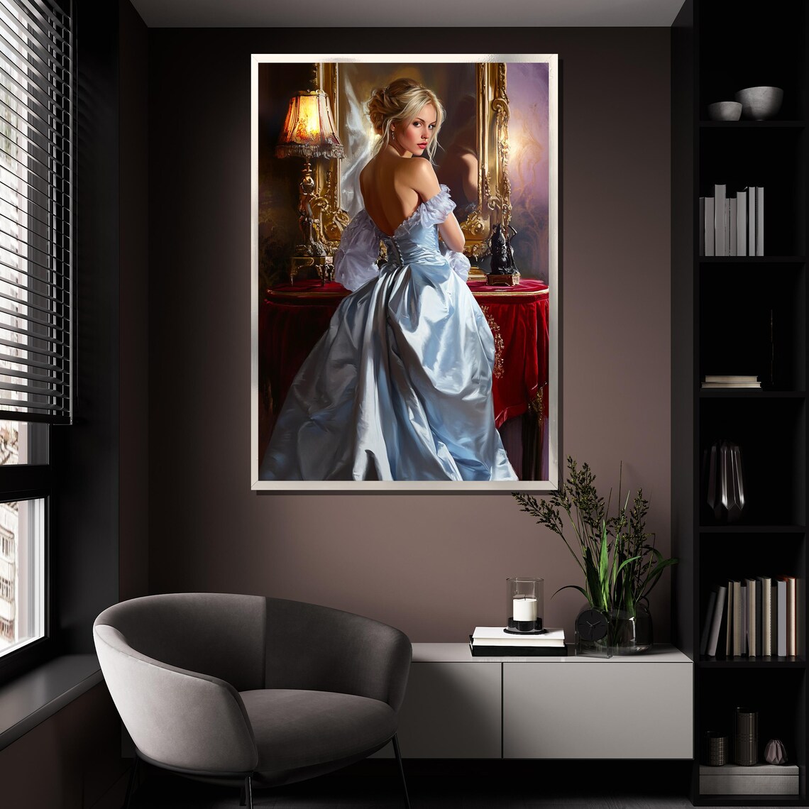 Vintage Elegance Blue Satin Gown Woman Classic Oil Painting Wall Poster - Image 4