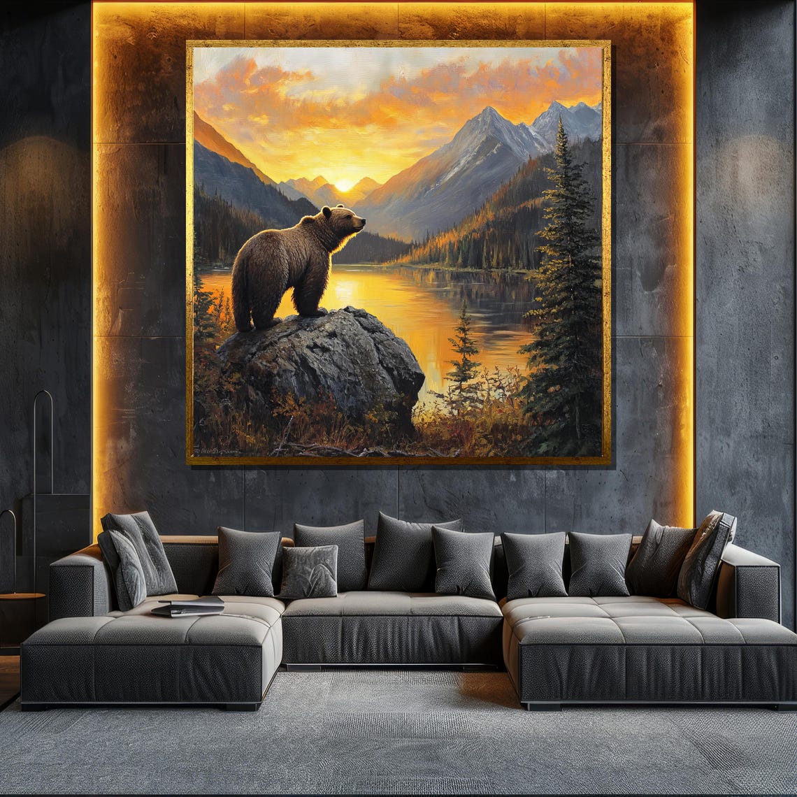 Grizzly Bear On Rock Mountain Lake Sunset Pine Forest Wildlife Poster