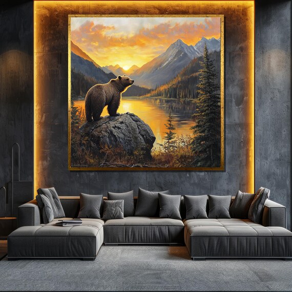 Grizzly Bear On Rock Mountain Lake Sunset Pine Forest Wildlife Poster