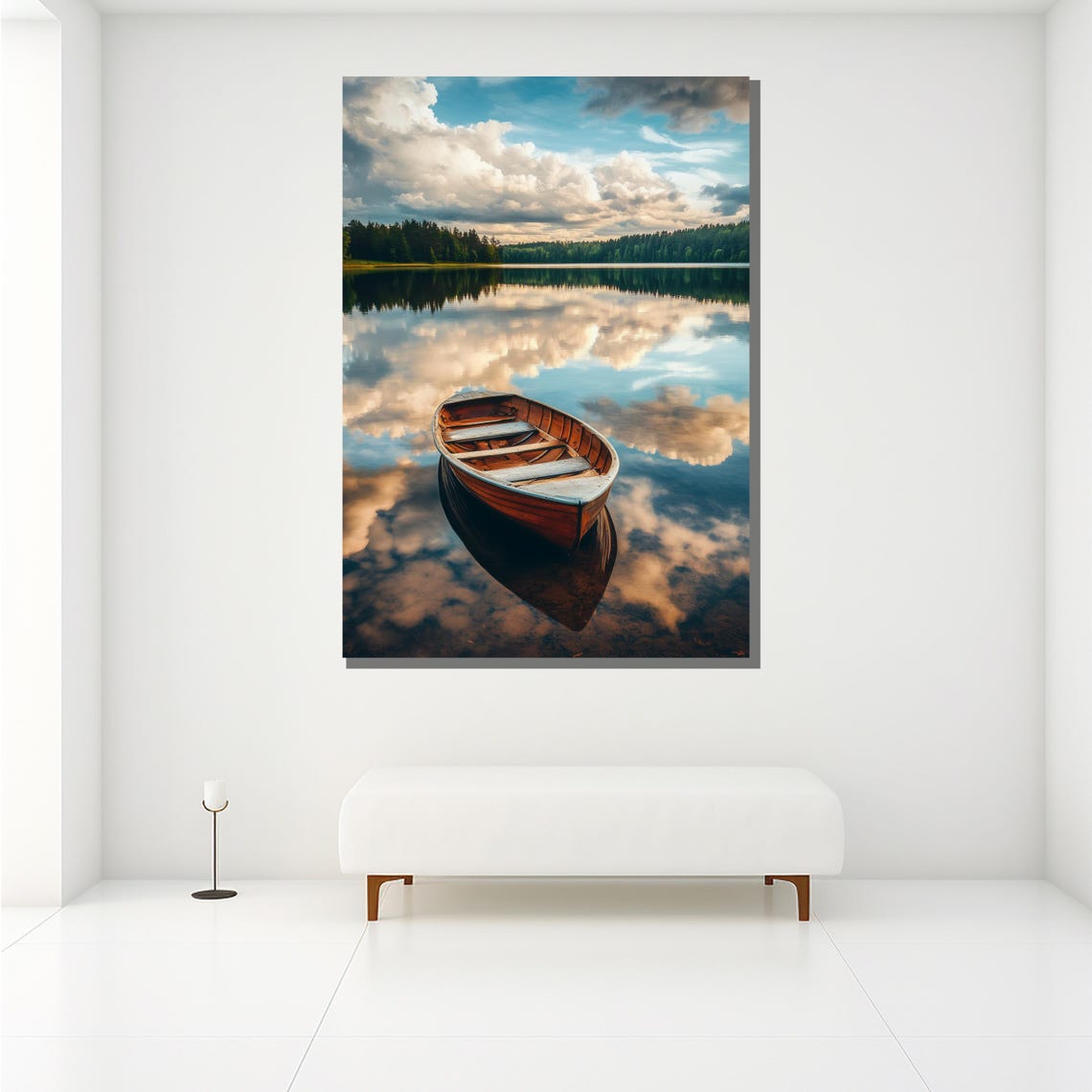 Serene Lake Boat Painting Peaceful Water Reflection Wall Art Nature Landscape Artwork Tranquil Home Decor Gift - Image 2