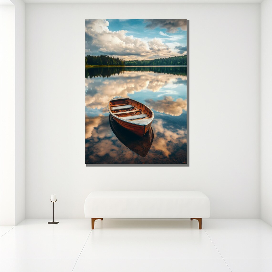 Wooden Boat On Mirror Lake With Cloud Reflections Nature Travel Poster - Image 2