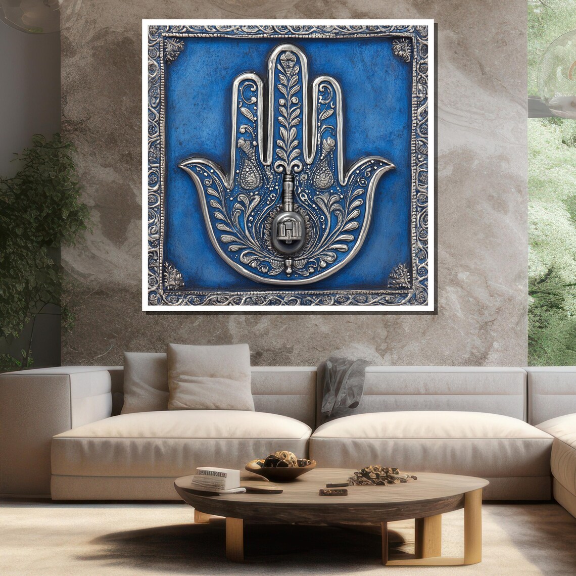 Ornate Silver Hamsa Hand Blue Boho Spiritual Protection Wall Art Poster - Image 3