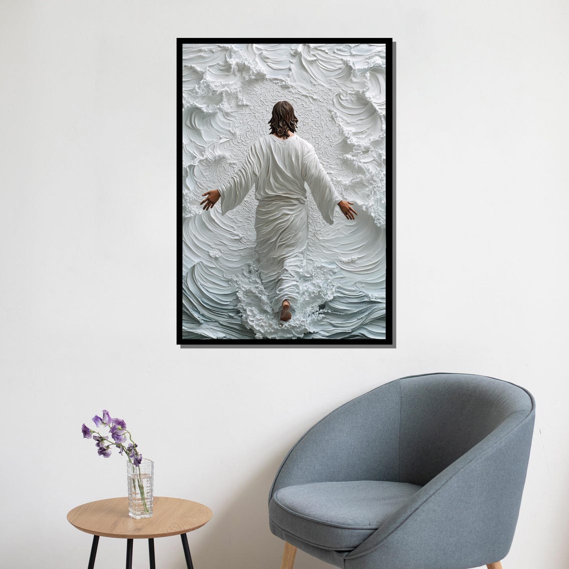 Jesus Walking On Textured White Ocean Waves Religious Poster - Image 5