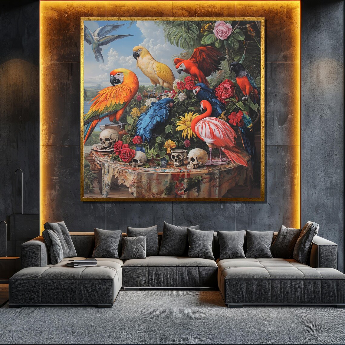 Tropical Parrots Skulls Baroque Still Life Exotic Bird Poster