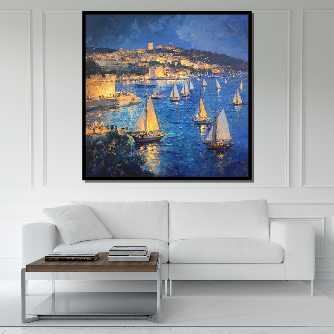 Mediterranean Sailboats Night Coastal Town Lights Harbor Sail Poster - Image 5