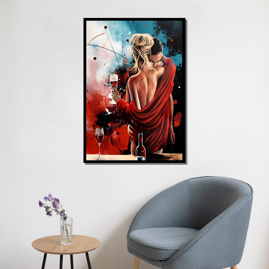 Passionate Couple Red Shawl Wine Abstract Blue Splash Painting Poster - Image 5