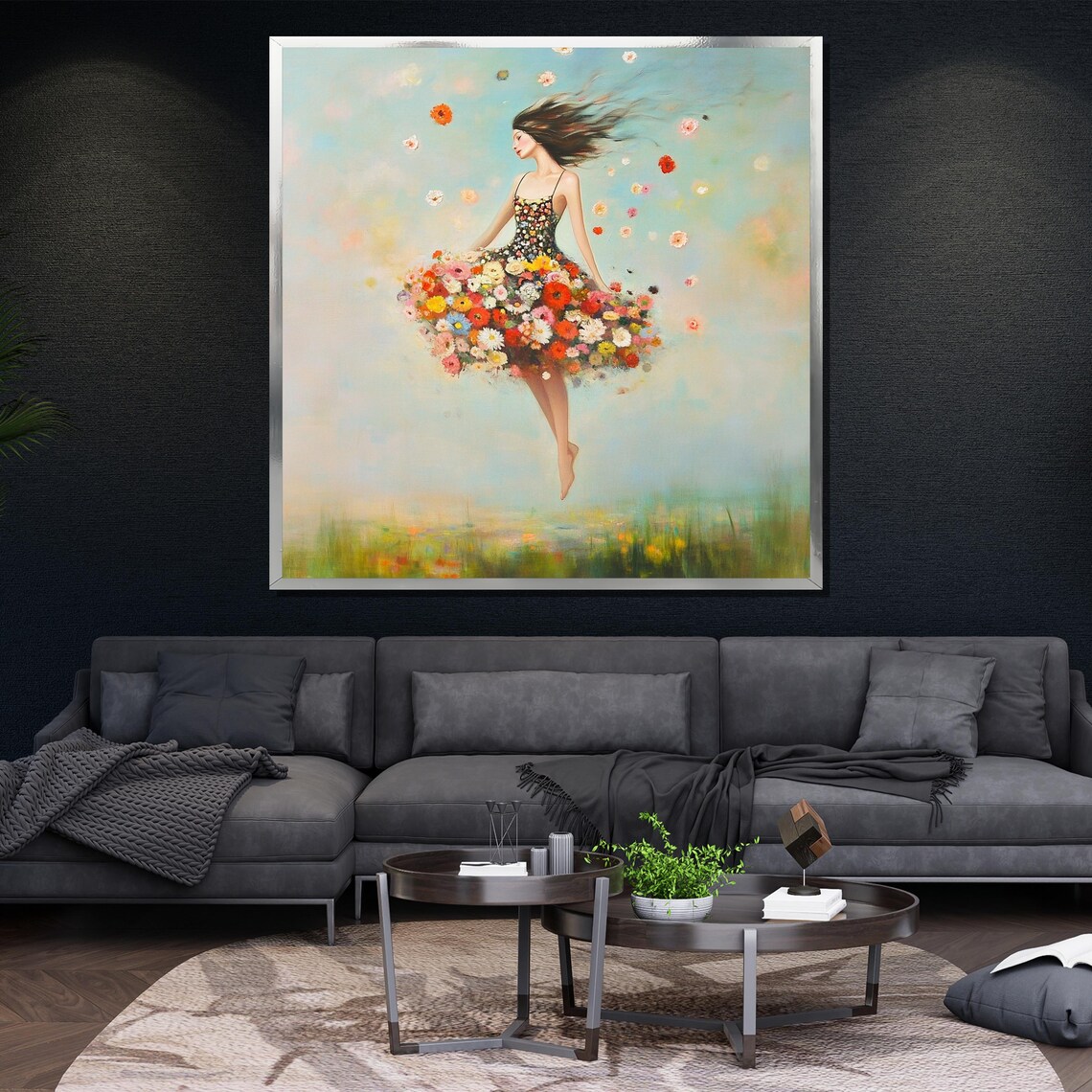 Floating Woman Flower Dress Surreal Dreamy Floral Painting Wall Poster - Image 4
