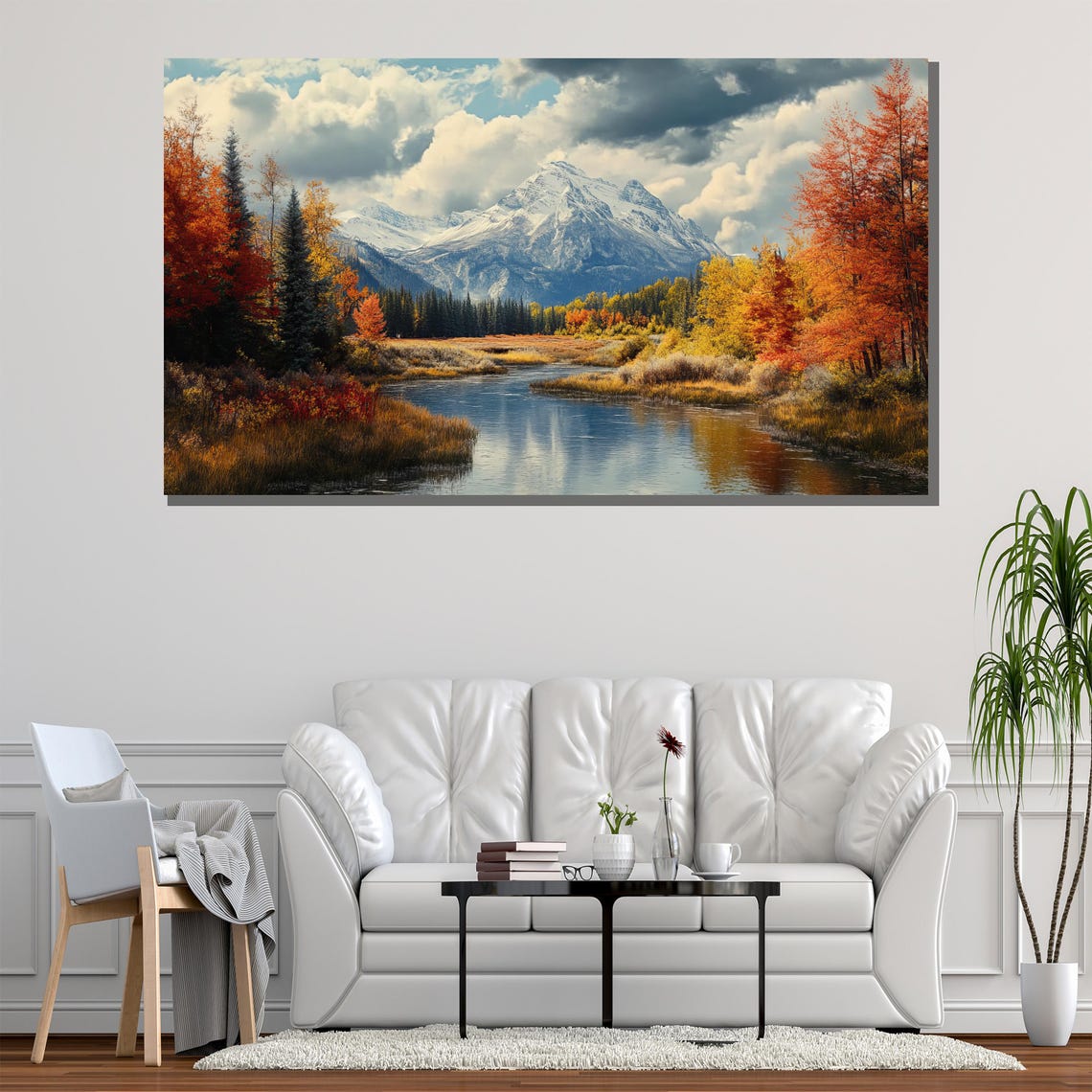 Snow Capped Mountain Autumn Lake Reflection Orange Trees Nature Poster - Image 2