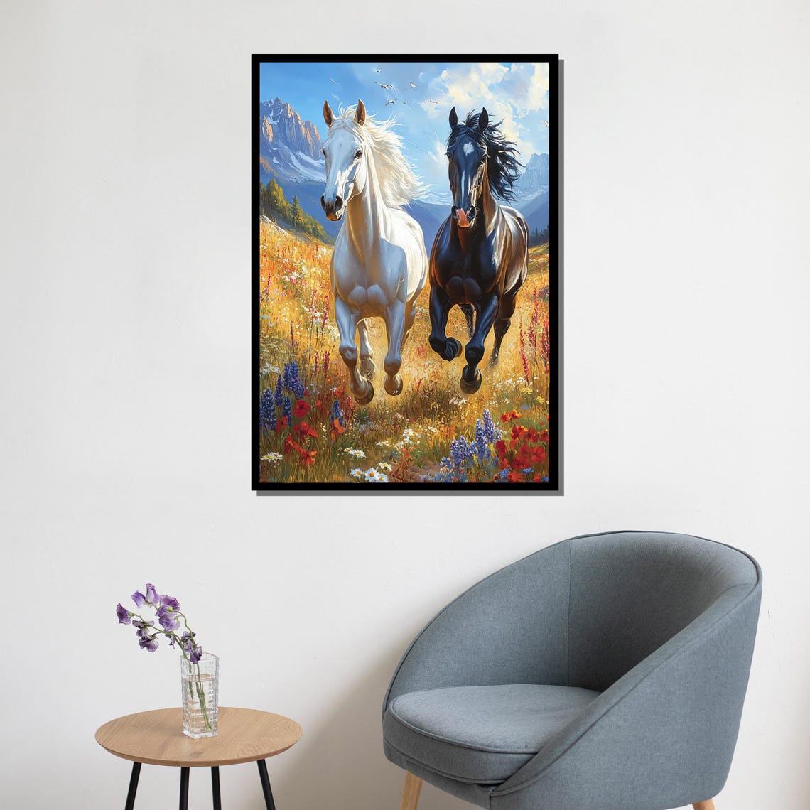 White Black Horses Running Wildflower Mountain Meadow Wall Art - Image 5