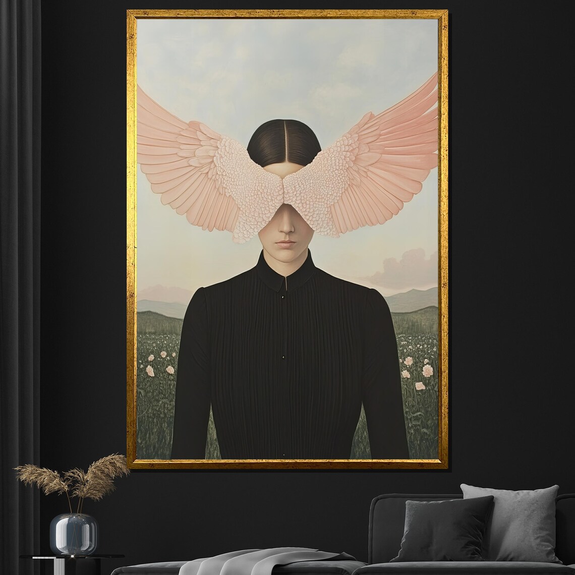 Surreal Woman With Pink Angel Wings Veiling Eyes In Flower Field Poster