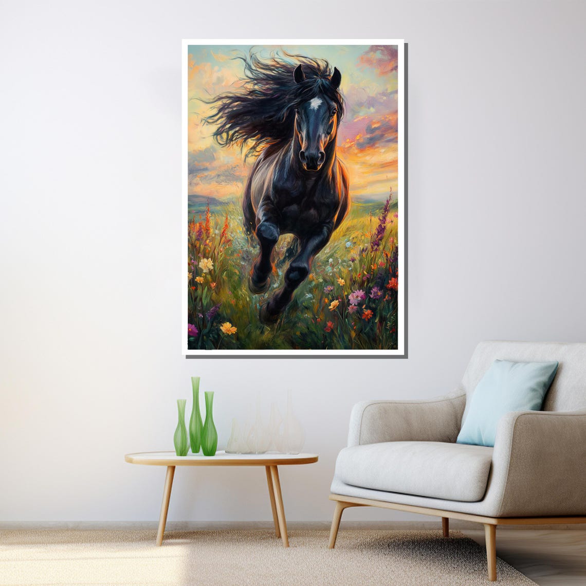 Black Horse Galloping Wildflowers Sunset Dynamic Equine Poster - Image 3