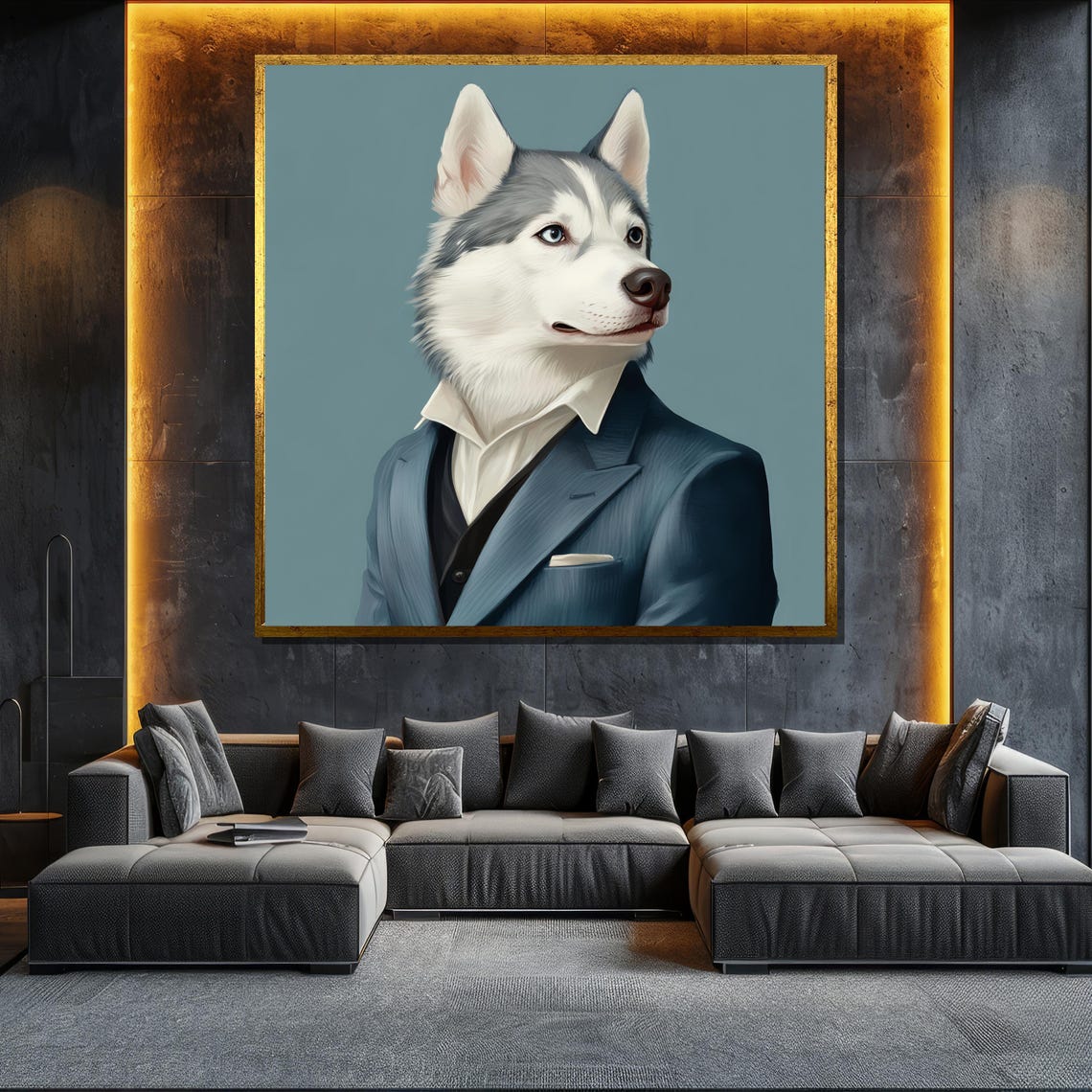 Dapper Husky Dog In Blue Suit Dashing Gentleman Pose Art Poster