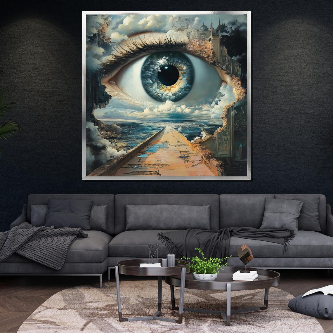 Giant Eye Watching Over Ocean And Cloud Cities Surreal Poster - Image 4