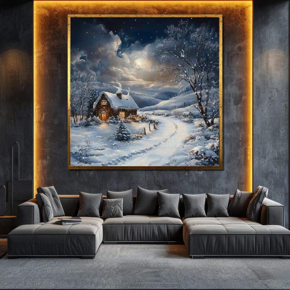 Winter Night Cabin In Snow Moonlit Landscape Cozy Holiday Art Poster