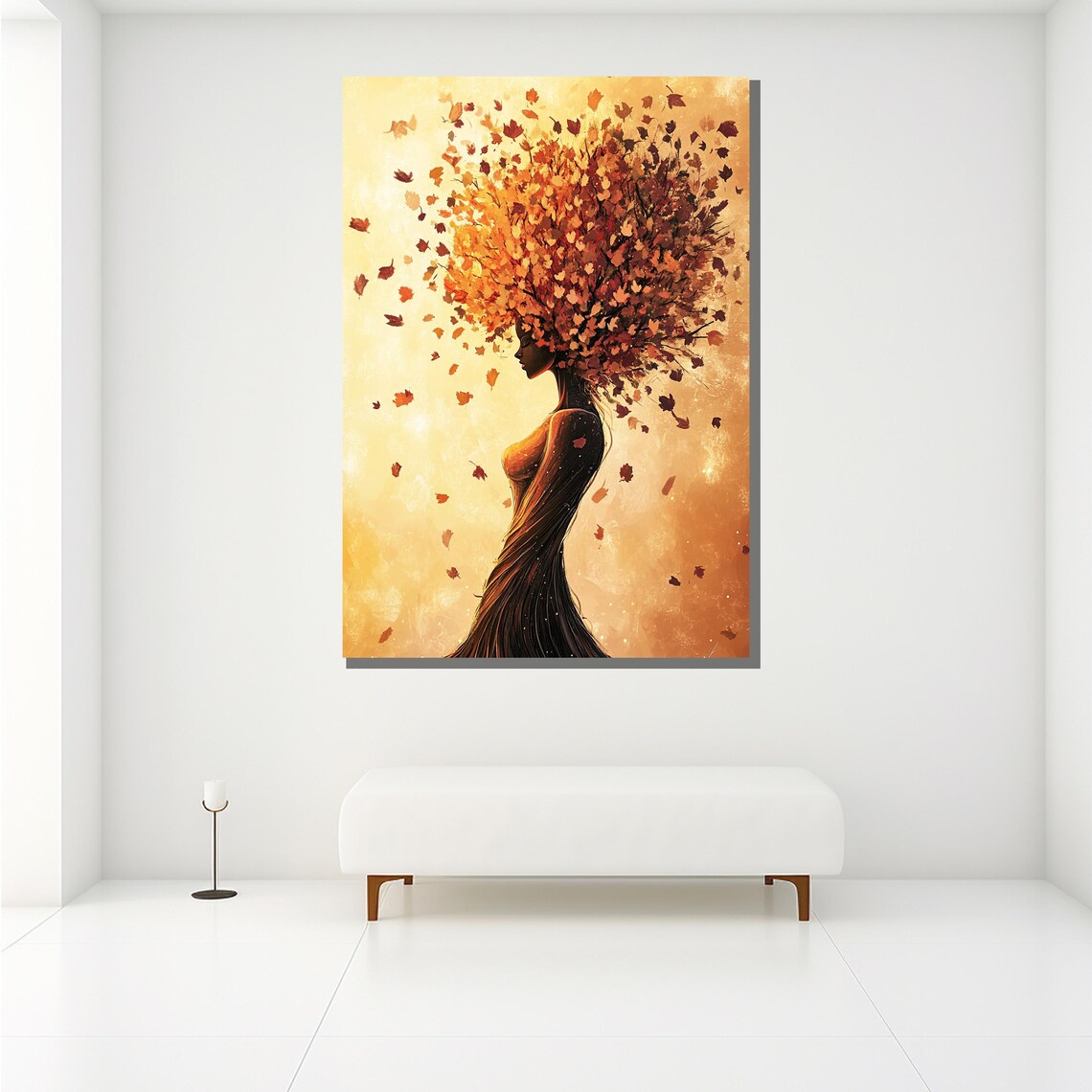 Autumn Leaves Hair Woman Silhouette Golden Fall Painting Wall Poster - Image 2