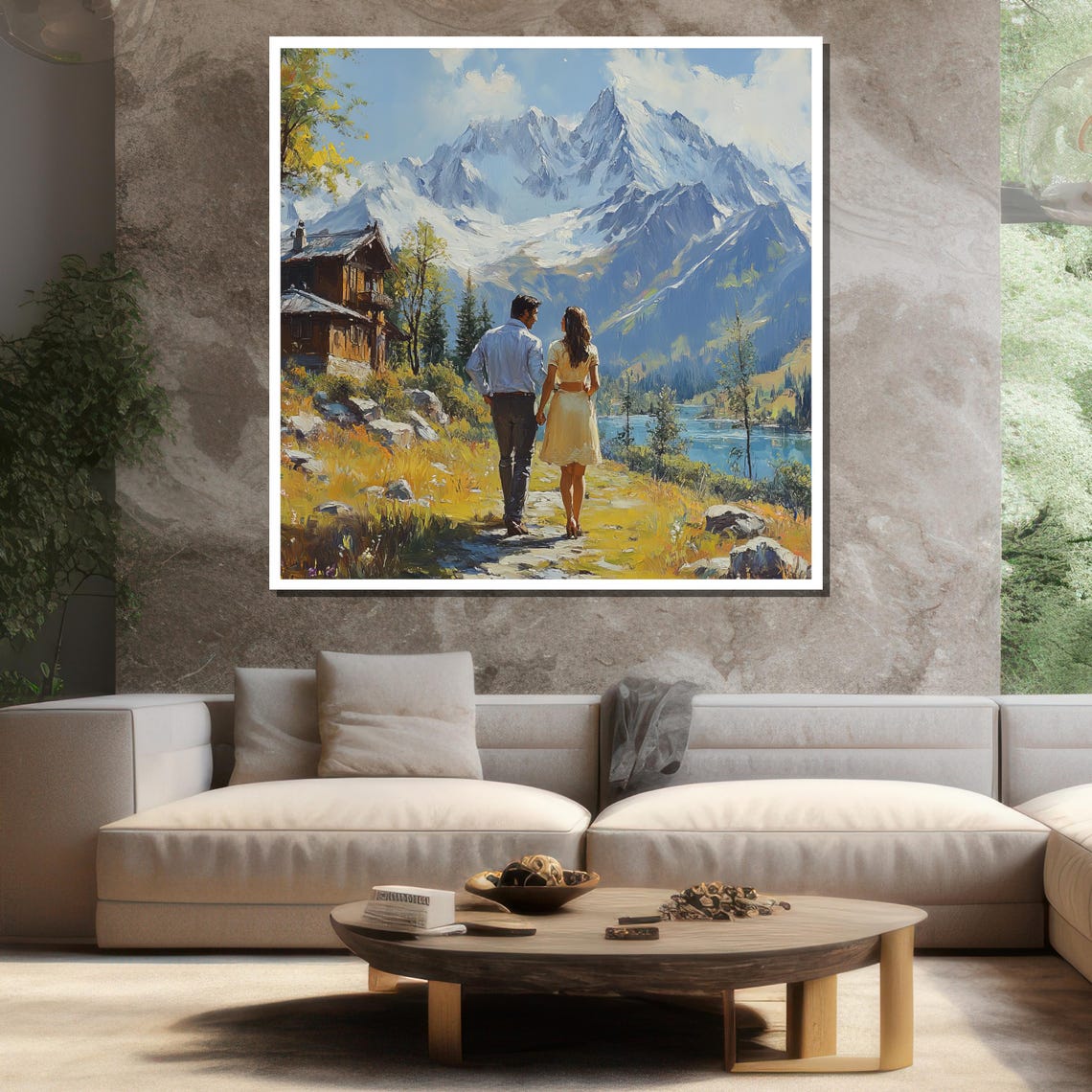 Romantic Couple Walking In Nature Painting Mountain Landscape Wall Art Modern Home Decor Gift - Image 3