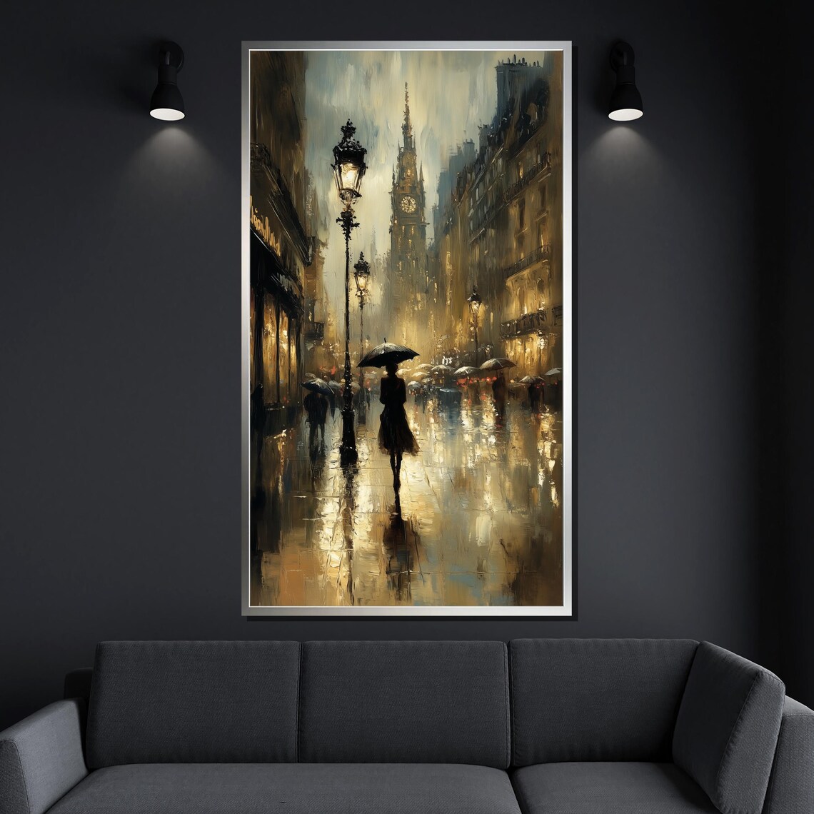 Romantic Rainy Street Umbrella Silhouette Vintage Gas Lamp City Poster - Image 4