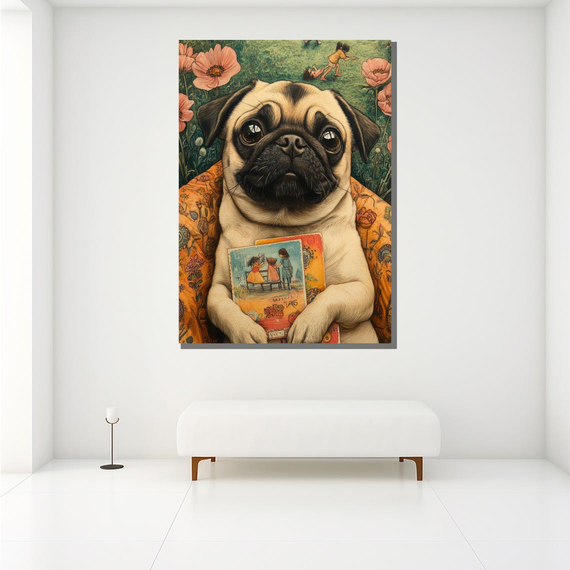 Whimsical Pug Puppy Postcard Storybook Floral Dog Art Poster - Image 2
