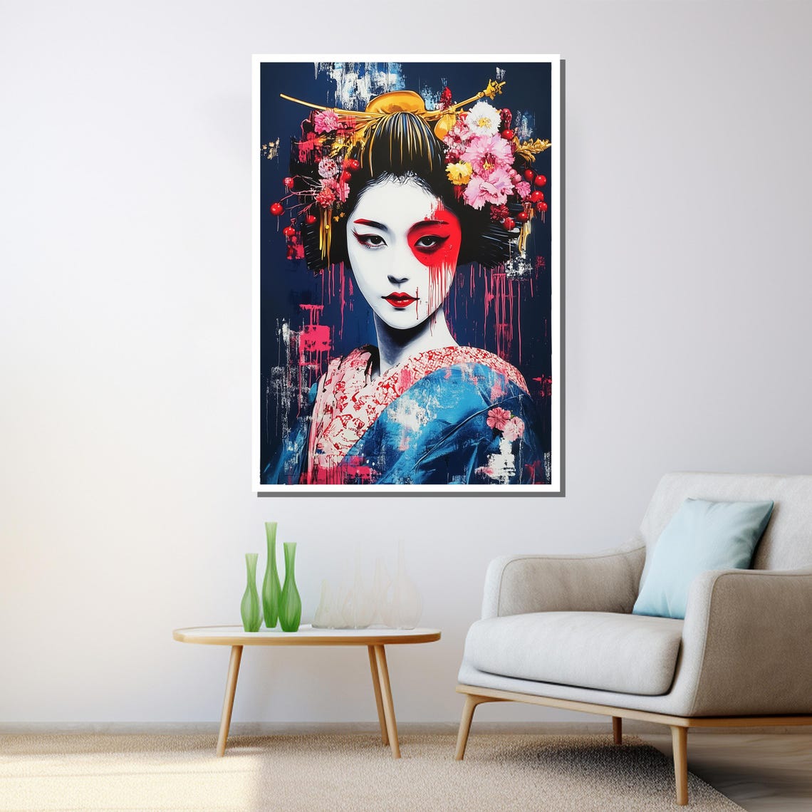 Abstract Geisha Graffiti Art Blue Kimono Red Paint Japanese Wall Art - Image 3