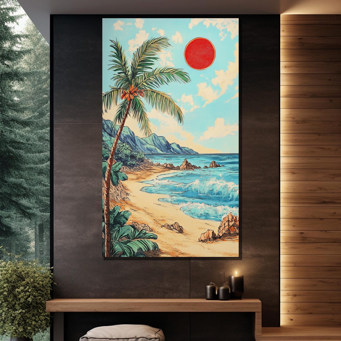 Tropical Beach Palm Tree Red Sun Ocean Waves Retro Travel Poster - Image 2