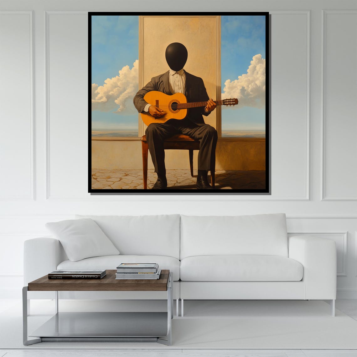 Faceless Man Playing Guitar By The Window Surreal Art Poster - Image 5