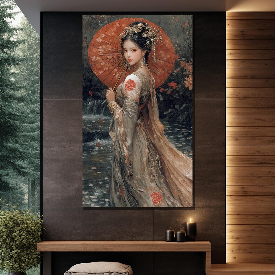Elegant Chinese Woman With Red Parasol Riverside Garden Art Print - Image 2