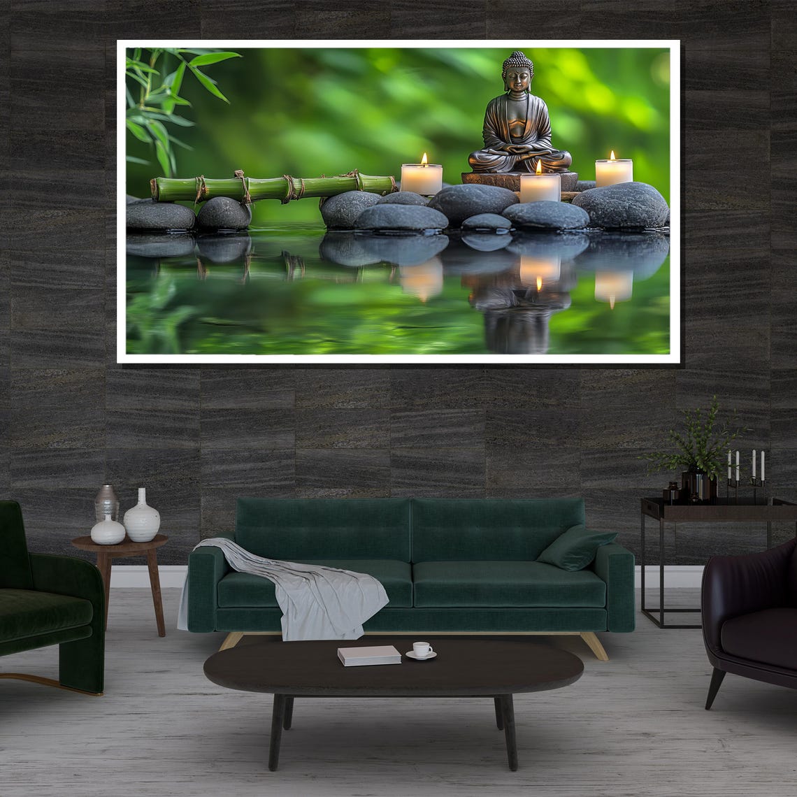 Buddha Statue Candles Zen Stones Water Reflection Bamboo Garden Poster - Image 3