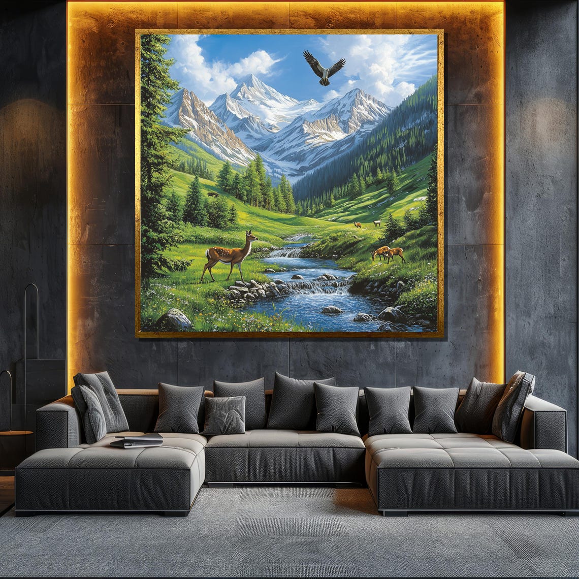 Mountain Deer River Alpine Meadow Wildlife Scenic Nature Wall Art