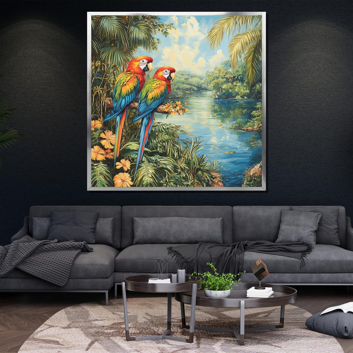 Scarlet Macaws By Tropical River Palm Jungle Painting Wildlife Poster - Image 4