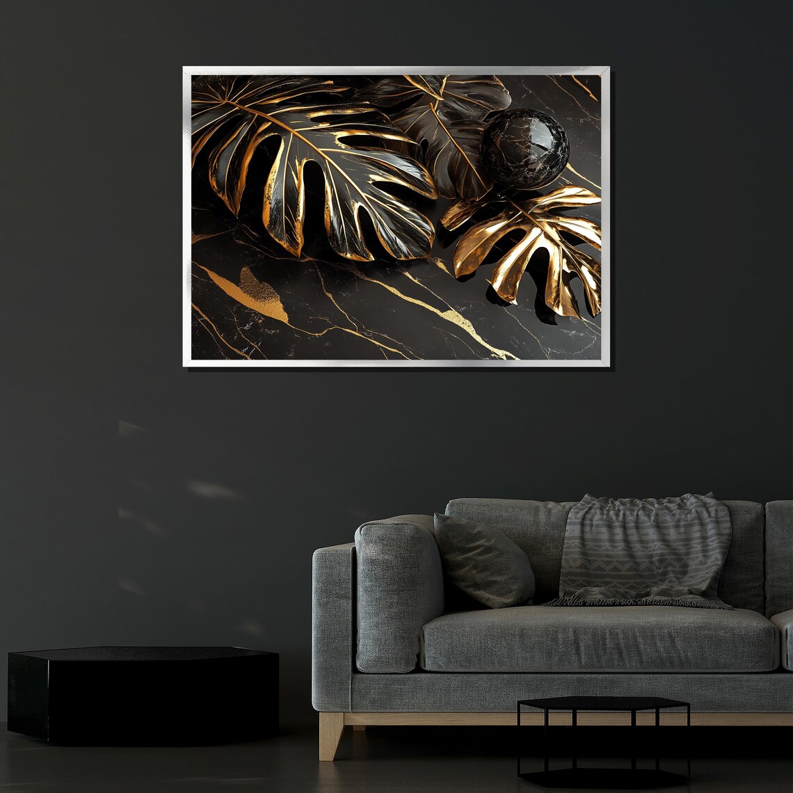 Black And Gold Monstera Leaves On Marble Luxury Abstract Art Poster - Image 4