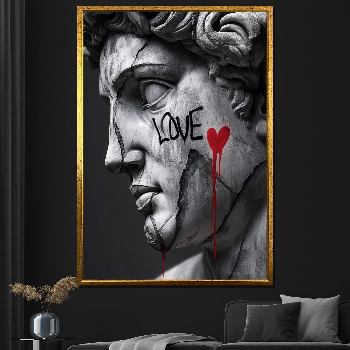 Classical Statue Head Love Graffiti Red Heart Urban Modern Art Poster