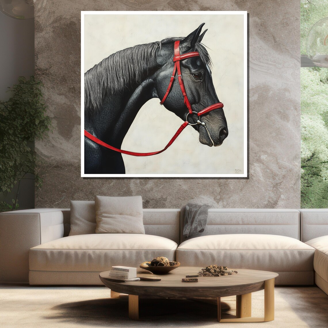 Black Horse Red Bridle Minimalist Profile Equine Elegant Wall Art - Image 3