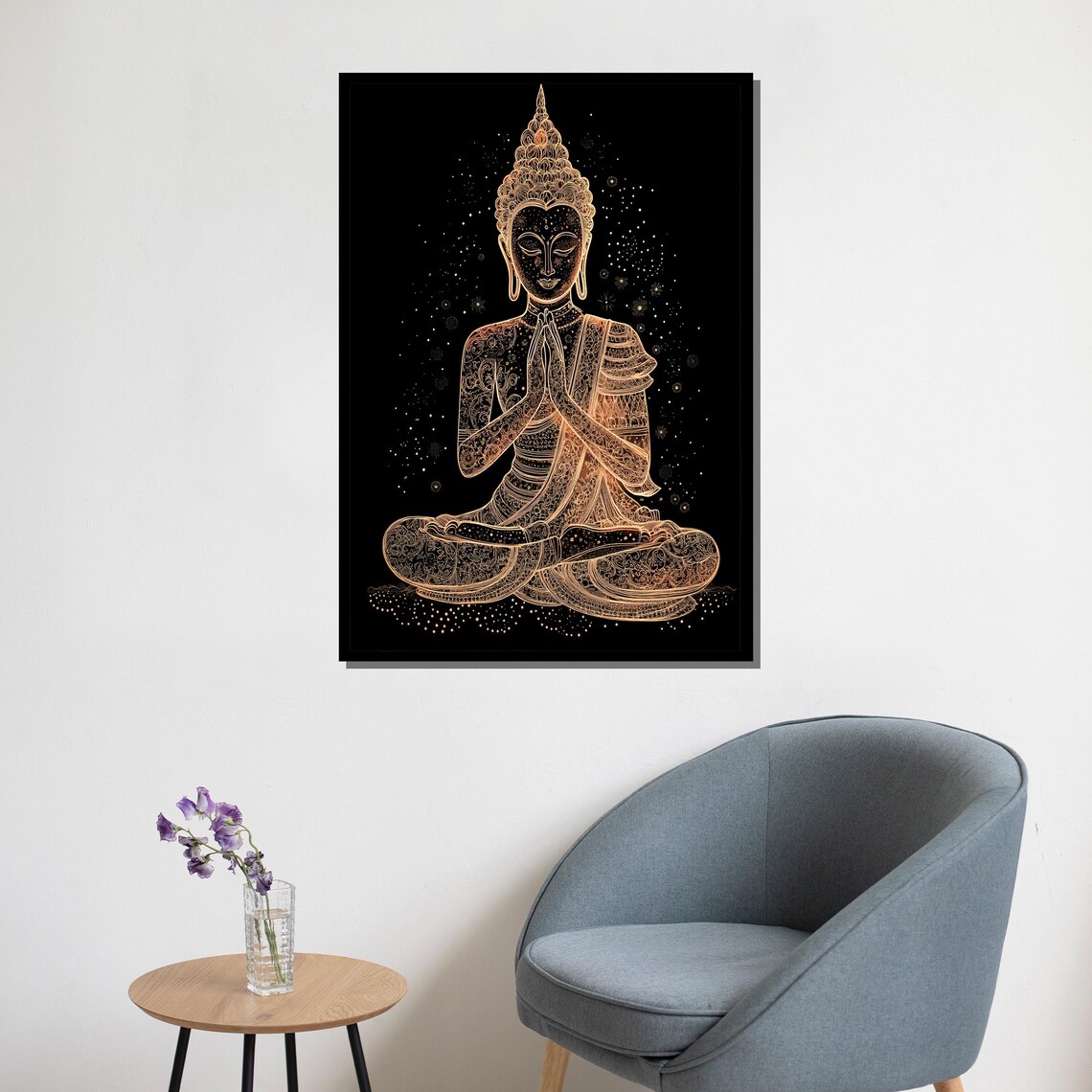Golden Line Art Buddha Prayer Pose Sparkling Night Black Elegant Poster - Image 5