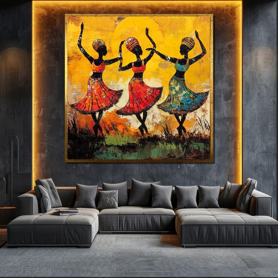 African Tribal Dancers Painting Colorful Wall Art Textured Oil Painting For Living Room Decor Gift For Art Lovers