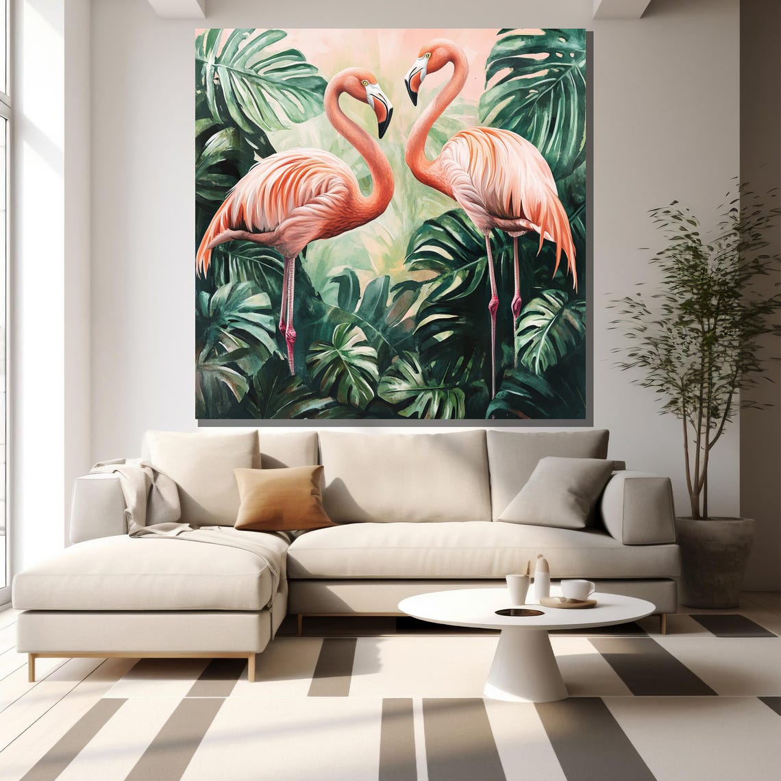 Two Pink Flamingos Monstera Leaves Tropical Watercolor Bird Art Poster - Image 2