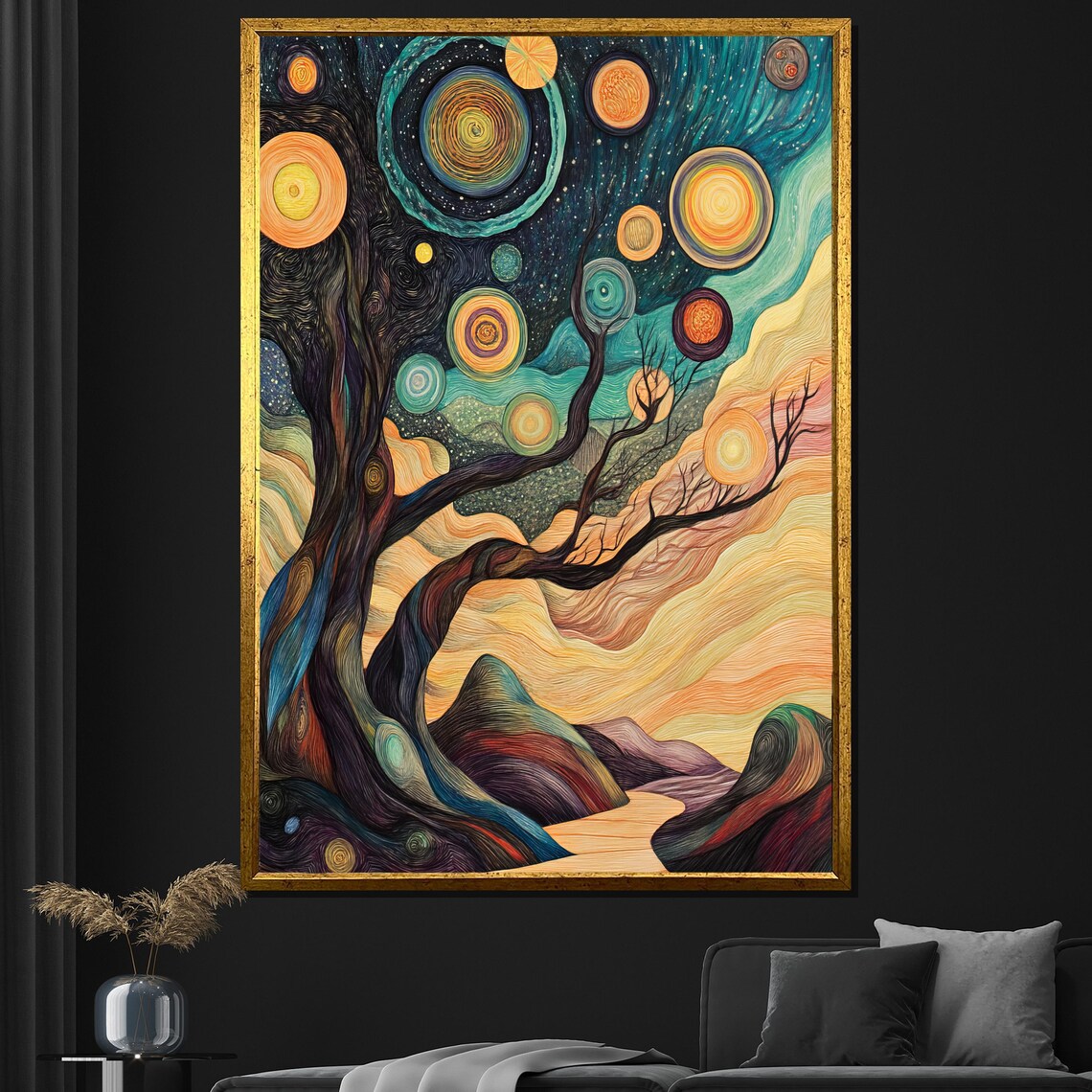 Starry Night Tree Painting Whimsical Nature Wall Art Unique Abstract Landscape Decor Gift For Art Lovers