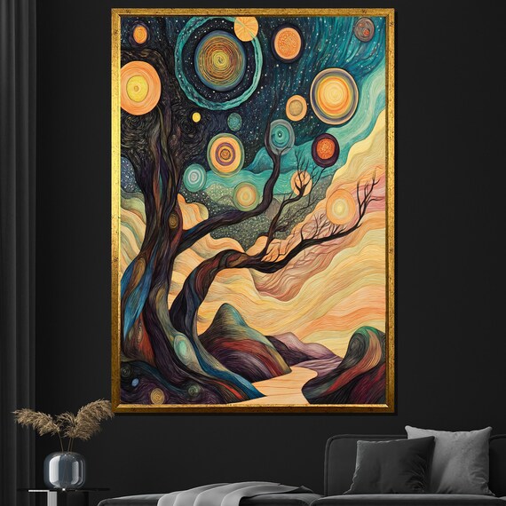 Starry Night Tree Painting Whimsical Nature Wall Art Unique Abstract Landscape Decor Gift For Art Lovers
