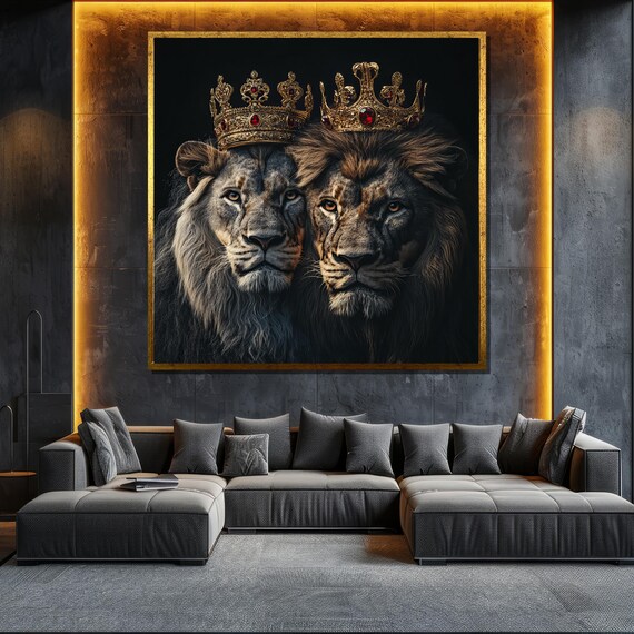 Two Crowned Lions Gold Crown Painting Majestic Regal Wildlife Wall Art Poster