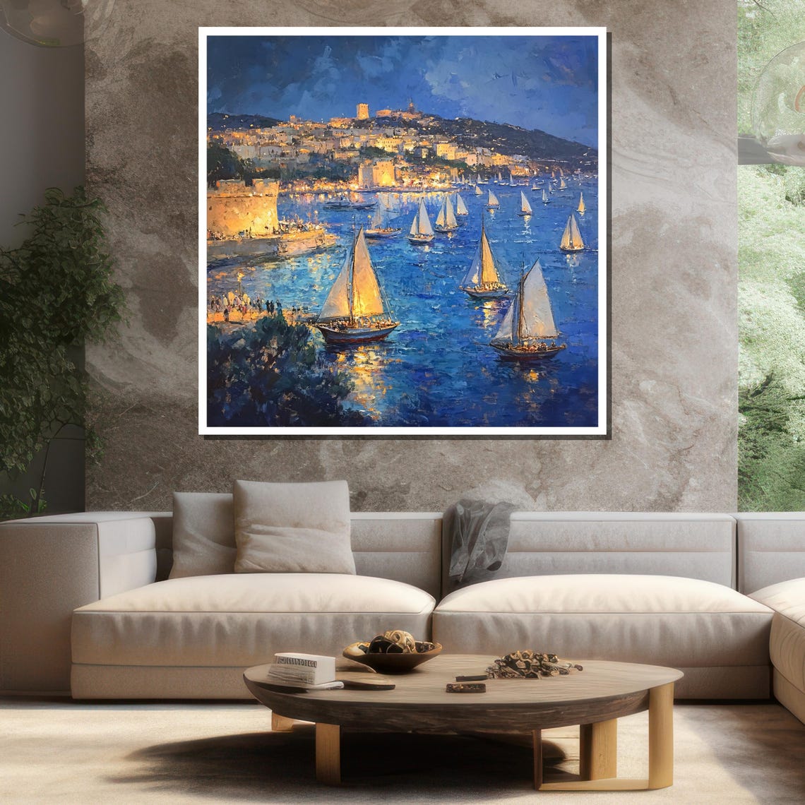 Mediterranean Sailboats Night Coastal Town Lights Harbor Sail Poster - Image 3